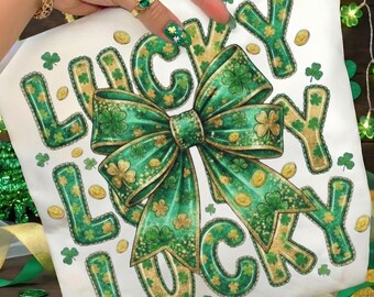Lucky Coquette Bow St Patrick's Glitter PNG, 3D Inflated Text, Green Glitter Shamrock, Retro St Patricks Holiday, Lucky Design, Sublimation