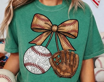 Preppy baseball Png, Coquette Baseball Bow PNG, Glitter Baseball Glove Design , Girly Baseball PNG, Trendy Baseball png, Sports Cherry