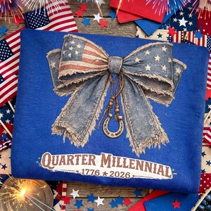 Quarter Millennial 1776 2026 Denim Bow PNG: America 250th Anniversary Sublimation, Patriotic Western Coquette Png Digital Download