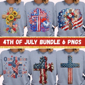 May include: A collection of six light blue t-shirts featuring patriotic cross designs. The crosses are decorated with sunflowers, the American flag, fireworks, and floral arrangements in red, white, and blue. The text "4TH OF JULY BUNDLE 6 PNGS" is displayed.