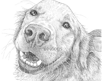 Könnte beinhalten: Eine schwarz-weiße Punktzeichnung eines Hundegesichts mit fröhlichem Ausdruck, geöffnetem Maul und sichtbaren Zähnen. Das Kunstwerk zeigt den Text dotdogs in der Mitte und eine kleine Signatur in der unteren rechten Ecke der Illustration.