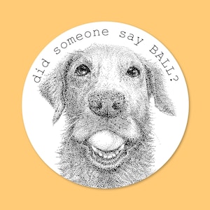 Op de afbeelding: Een ronde witte sticker met een zwart-witte stippelillustratie van een hond met een bal in de bek. De tekst "did someone say BALL?" is in een zwart typemachine-lettertype langs de bovenrand van de sticker gedrukt.