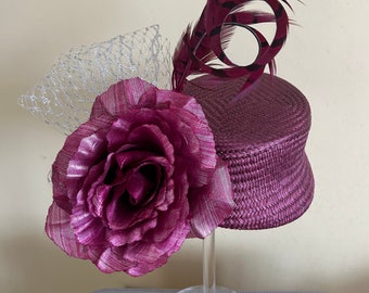 Pink rouge slant base percher hat metallic rose streaked with silver, silver veiling, pheasant feathers