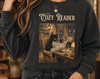 Vintage Cozy Reader Sweatshirt, Black Cat Book Lover Crewneck, Reading Gift for Women, Bookish Pullover, Librarian Gift, Cozy Book Club Gift