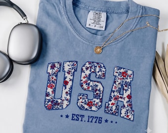 Comfort Colors Floral USA Shirt, American Girl Shirt, USA Est 1776 Shirt, Girly 4th of July Shirt, Patriotic Women Shirt, Flower USA Shirt