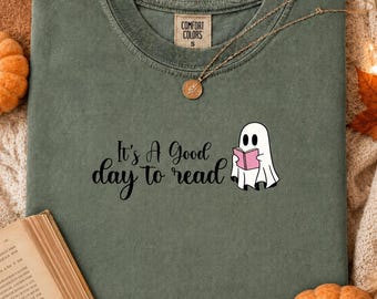 Halloween Book Lover Shirt, Cute Ghost Reading T-Shirt, Spooky Bookish Tee, Comfort Colors Fall Shirt, Librarian Halloween Gift