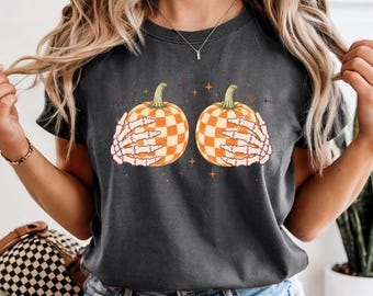 Funny Halloween Shirt, Skeleton Hands Pumpkin Tee, Retro Spooky Gift for Her, Cute Fall Graphic T-Shirt, Pumpkin Lover Gift