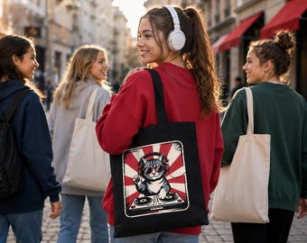 Retro DJ Cat Tote Bag, Music Lover Gift Bag, Cute Cat Lover Tote, Aesthetic Reusable Canvas Bag, Trendy Everyday Tote for Women