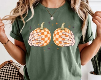 Retro Halloween Shirt, Checkerboard Pumpkin Tee, Skeleton Hands T-Shirt, Spooky Season Gift, Cute Fall Graphic Tee