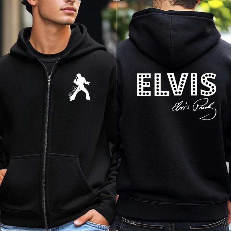 Black full zip hoodie featuring front and back Elvis inspired design worn by male model, unisex music fan hoodie