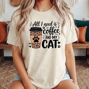 Coffee Cat Shirt for Women, Cat Mom Coffee Lover Tee, Funny Cat Coffee Shirt, Cute Cat Graphic Tee, Cat Lover Gift image 1