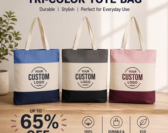 Custom Logo Tote Bag, Personalized Business Tote, Company Logo Bag, Tri Color Canvas Tote, Custom Brand Bag, Team Gift, Bulk Order