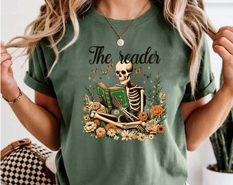 Book Lover Shirt, The Reader Skeleton Tee, Bookish Graphic T-Shirt, Reading Lover Gift, Bookworm Shirt, Reader Gift for Women
