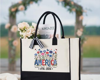 America Tote Bag Comfort Colors Style, 4th of July Tote, Patriotic Gift Bag, Floral USA Tote, Reusable Bag Gift for Her