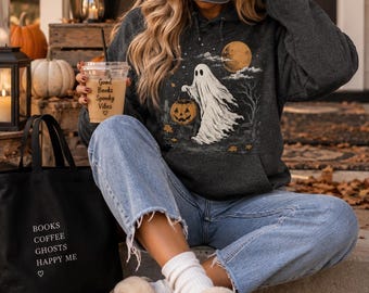 Vintage Ghost Hoodie, Halloween Hoodie for Couples, Spooky Season Hoodie, Pumpkin Ghost Sweatshirt, Halloween Gift for Him Her