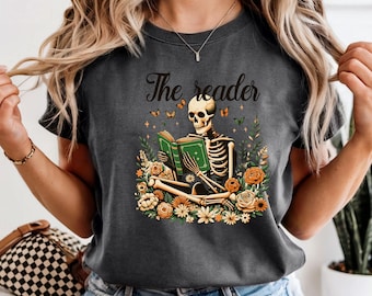 Halloween Book Lover Shirt, Spooky Reader Tee, Skeleton Reading Shirt, Bookish Halloween Gift, Fall Reader T-Shirt