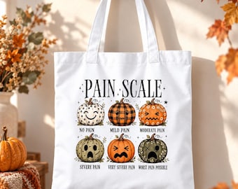 Pumpkin Pain Scale Tote Bag, Funny Nurse Gift, Halloween Canvas Shopping Bag