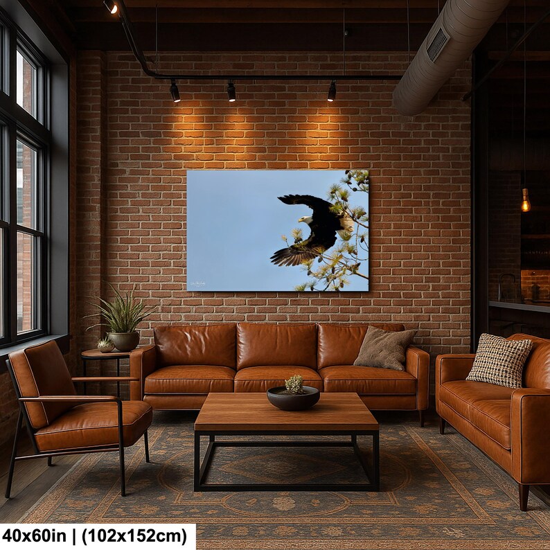 May include: A framed canvas print depicting a bald eagle in flight against a blue sky. The eagle is perched on a tree branch with white flowers. The print is 102x152cm and hangs above a brown leather sofa.
