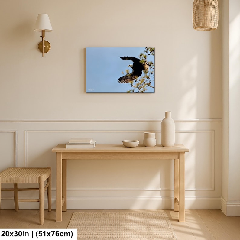 May include: A canvas print depicting an eagle in flight against a blue sky. The eagle, with its wings spread, is near a tree branch with green foliage. The print measures 51x76cm.