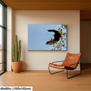 May include: A rectangular canvas print depicting a bald eagle in flight against a blue sky. The eagle, with its dark brown and white plumage, is captured mid-flight near a tree with green foliage. The artwork is 102x152cm.