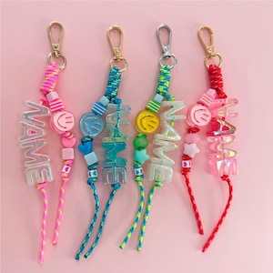 Custom Name Bag Charm, Holographic Letters & Beaded Paracord w/ Swivel Metal Clasp