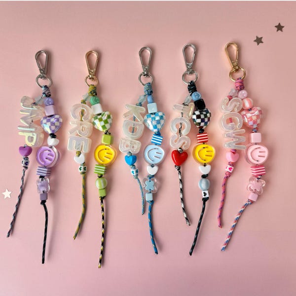 Custom Initial Bag Charm, Holographic Letters & Beaded Paracord w/ Swivel Metal Clasp