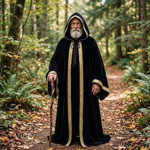 May include: A black hooded robe with gold trim, worn by a person in a forest setting. The robe has a long design with gold accents along the edges and hood. The person is holding a wooden walking stick.