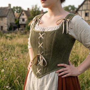 May include: Olive green corduroy corset with cream ribbon lacing and ties. The corset has a square neckline and is worn over a cream blouse and a brown skirt. The background features a field and buildings.