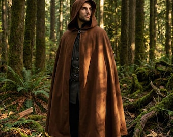 Middeleeuwse fluwelen mantel met capuchon, Renaissance Viking Cape, katoen Fantasy LARP-kostuum, bruine cape met capuchon voor Ren Fair, Noordse outfit