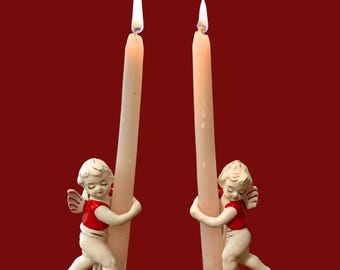 Hand Painted Vintage Cherub Angel Candlestick Huggers