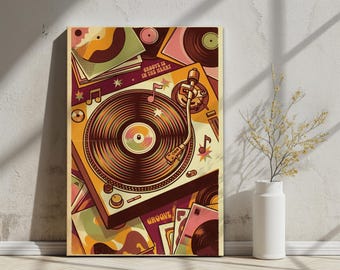 Vintage Turntable Retro Wall Art | Groove Music Print | 70s Home Decor