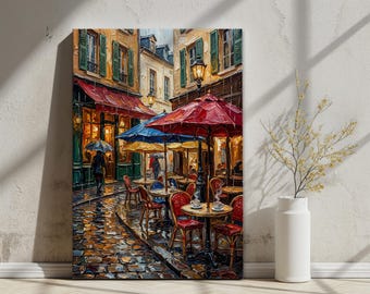 Parisian Café Street Scene Oil Painting | European Architecture Wall Art | Home Decor