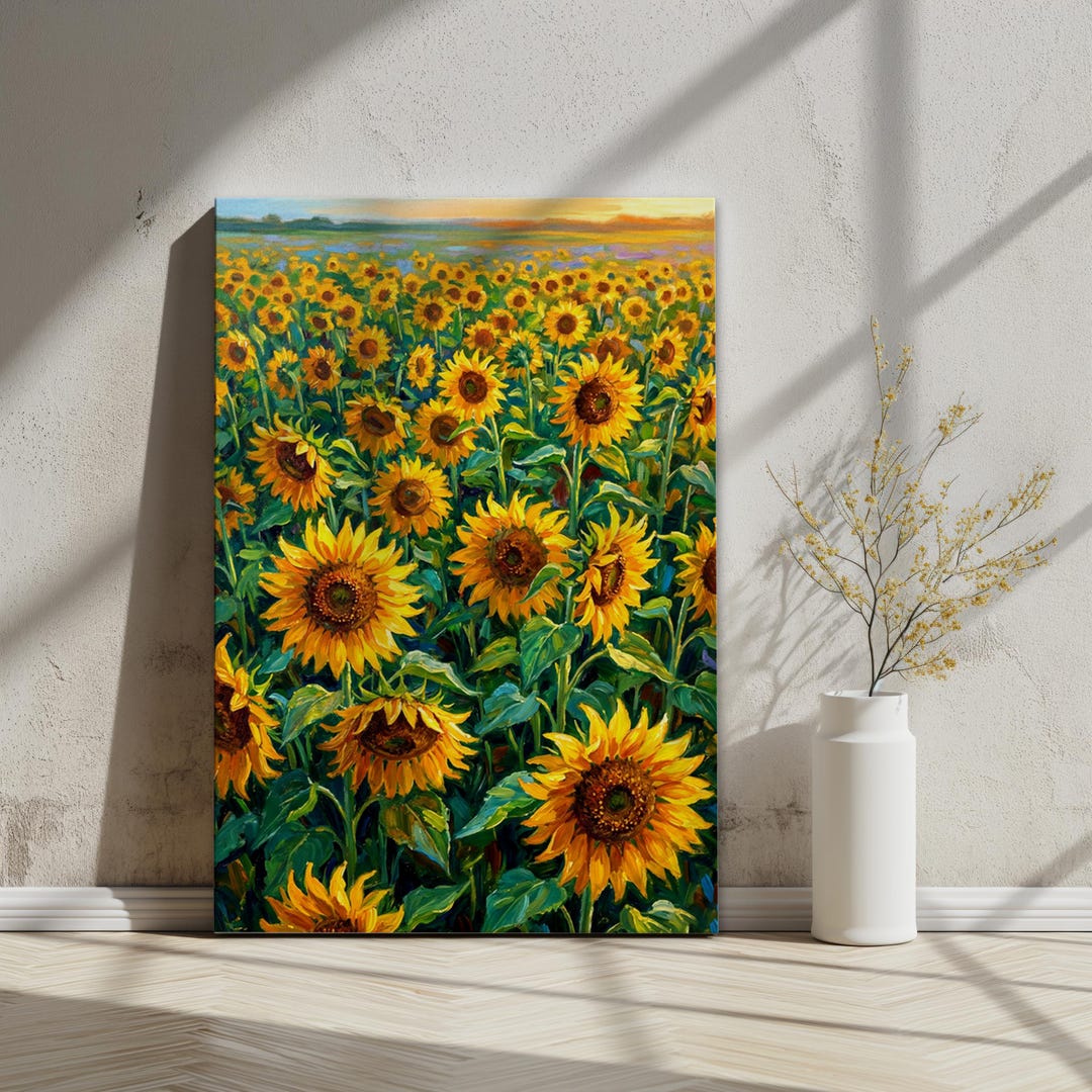 Sunflower Field Sunset Wall Art | Golden Hour Landscape Print | Home ...