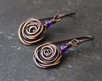Glasgow Rose Hypoallergenic Earrings in Copper with Amethyst.