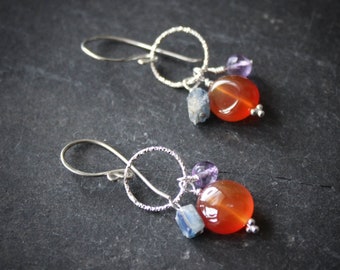 Solstice Cantrip Earrings in Sterling Silver with Carnelian, Kyanite and Amethyst.