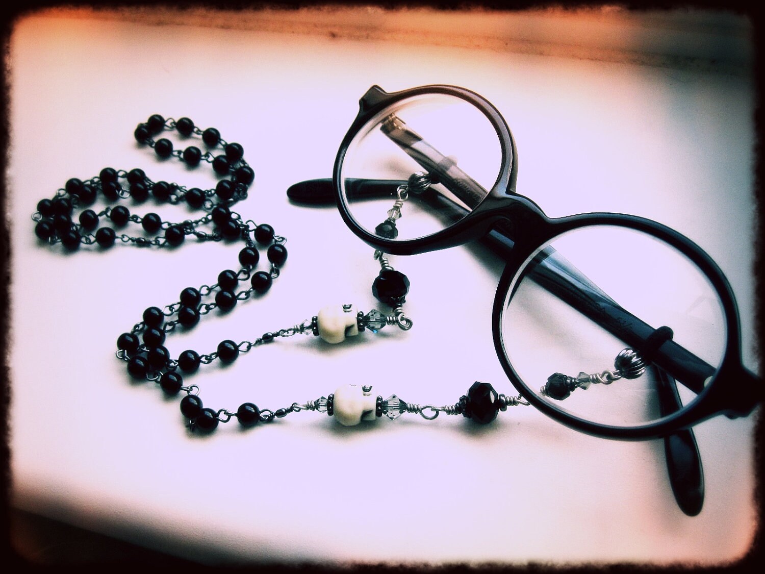 Gothic Eyeglass or Glasses Chain. Upcycled Rosary with Skulls and Cry…