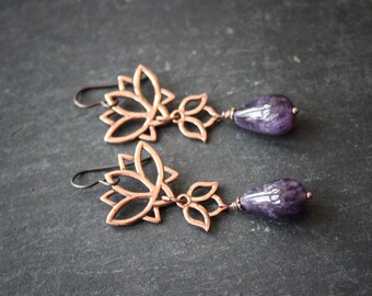 Long Lotus Statement Earrings with Amethyst.