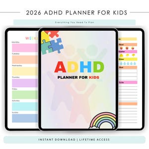 Peut inclure: Un planificateur numérique pour enfants atteints de TDAH, avec un design coloré. La couverture affiche le texte "ADHD PLANNER FOR KIDS" avec un arc-en-ciel et des pièces de puzzle. Comprend des sections hebdomadaires, d'humeur et de tâches. Le texte "2026 ADHD PLANNER FOR KIDS" est en haut.