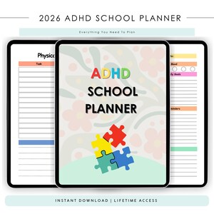 Puede incluir: Un planificador escolar digital para 2026, diseñado para personas con TDAH. La portada presenta el texto "ADHD SCHOOL PLANNER" con piezas de rompecabezas coloridas. El planificador incluye secciones para tareas, seguimiento del estado de ánimo y establecimiento de objetivos.