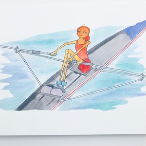 May include: A watercolor painting of a person rowing a boat on a body of water. The person is wearing a red shirt and a red skirt. The boat is gray and has a blue stripe. The water is blue and green.