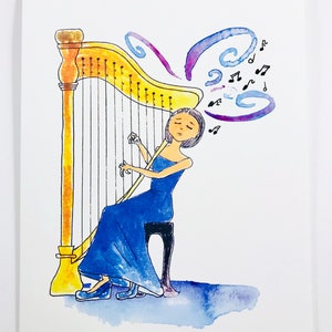 May include: A watercolor illustration of a person playing a harp. The harp is yellow and gold with strings. The person is wearing a blue dress and is sitting on a black stool. Musical notes are floating around the harp.