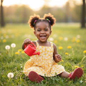 May include: A smiling child wearing a yellow floral dress and red sandals sits in a grassy field, holding a small red watering can. The child has curly hair styled in two buns with colorful hair ties.