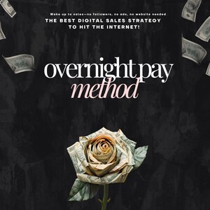 May include: A dark background with the text "overnight pay method" in white and pink. A rose made of dollar bills is in the foreground. The text "Wake up to sales - no followers, no ads, no website needed. The best digital sales strategy to hit the internet!" is at the top.