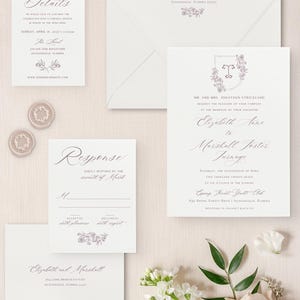 Floral Crest Wedding Invitation – Botanical Monogram Invitation Suite – Elegant Romantic Wedding Set