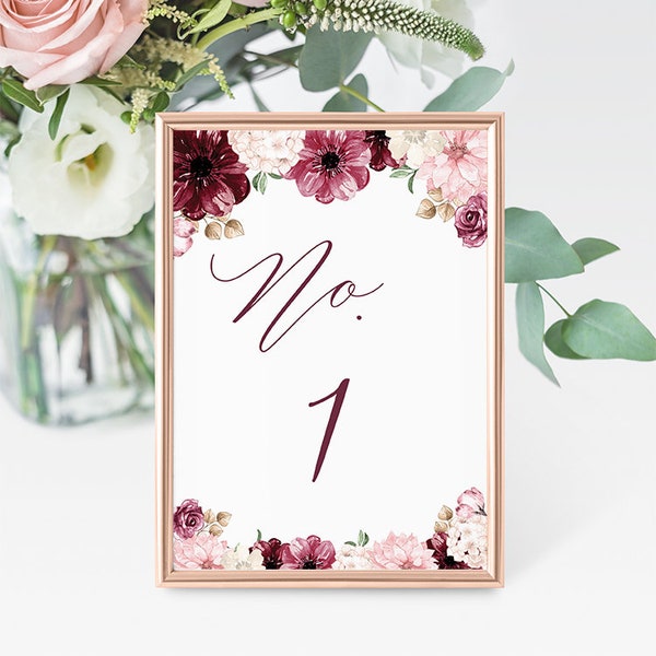 Wedding Reception Table Number | Blush and Wine Floral | Burgundy | 5x7 Frame