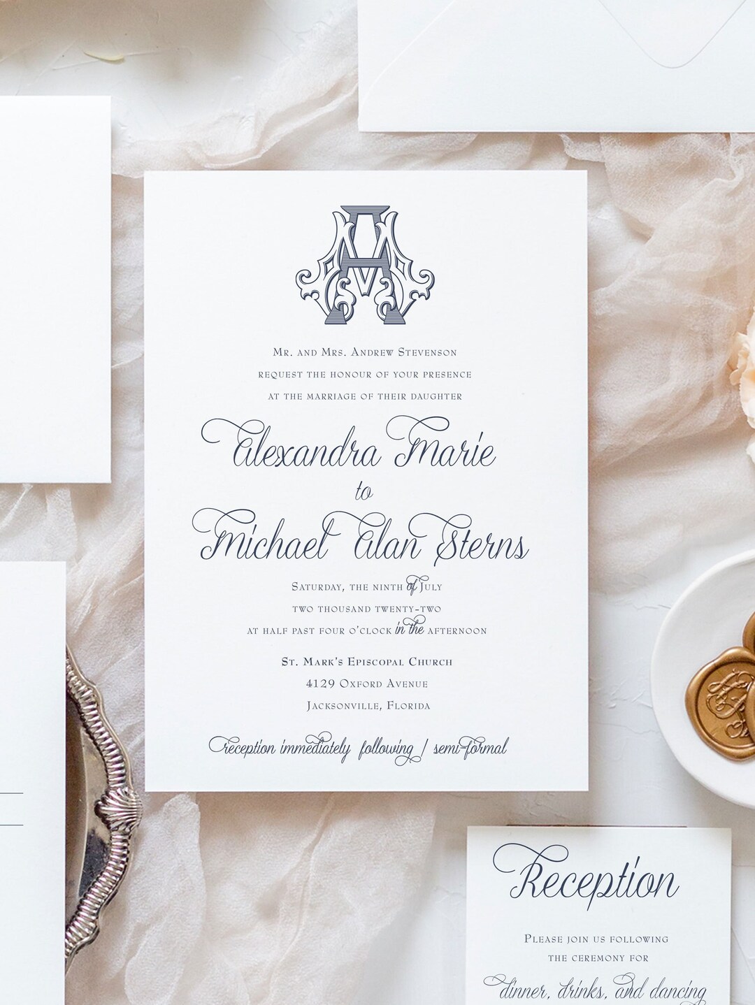 Navy Blue Monogram Wedding Invitation With RSVP and Reception or Details Card Etsy