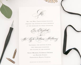 Black and White Wedding Invitations | Modern Calligraphy | Classic | Velvet Ribbon | Envelope Liner