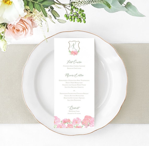 Wedding Dinner Reception Menu Blush Watercolor Floral Etsy