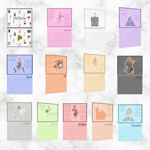 Puede incluir: Una colección de calendarios de 2024 con ilustraciones de una cantante en varios atuendos y poses. Cada calendario muestra un mes diferente con una imagen correspondiente y una cuadrícula para la planificación diaria. Los calendarios están dispuestos sobre una superficie con diseño de mármol.
