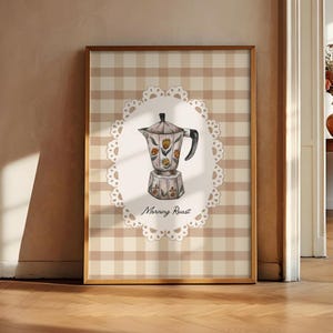 Väggkonst för kök med morgonrostkaffe, utskrivbar vintage-mokakanna, neutralt bondgårdstryck